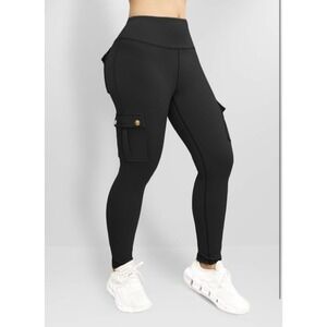 Womens High Waisted Cargo Leggings Black Activewear Utility Pants Gold Buttons